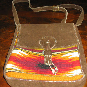 Ethnic Brown Suede and Woven Fabric Shoulder Bag